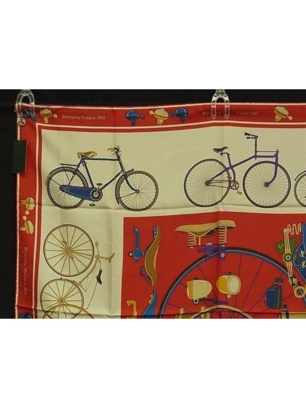 Gucci Scarf Red Multicolor Silk 100% Large Bicycle Pattern - Picture 2 of 6